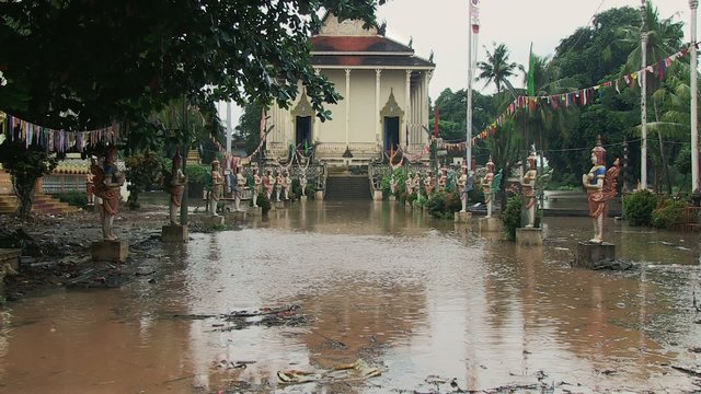 Pagoda and flooded surrounding area during the torrential monsoon rains