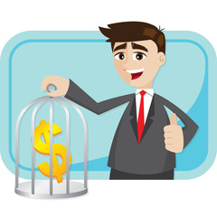 cartoon businessman saving money in cage