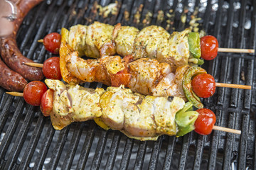 chicken kebabs and barbequed merguez