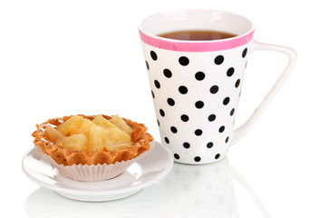 sweet cake with cup of tea isolated on white