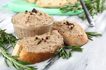 Fresh pate with bread on wooden table