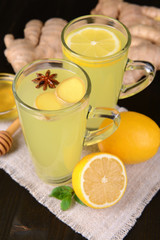 Healthy ginger tea with lemon and honey on table close-up
