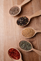 Different spices in spoons on wooden background
