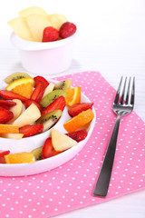 Fototapeta na wymiar Various sliced fruits on plate on table close-up