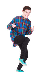 Fototapeta premium Young handsome man looking like rockstar on white