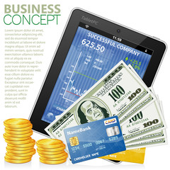 Financial Concept with Tablet PC, Dollars, Credit Cards and Coin