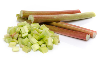 Stalks of rhubarb and chopped rhubarb