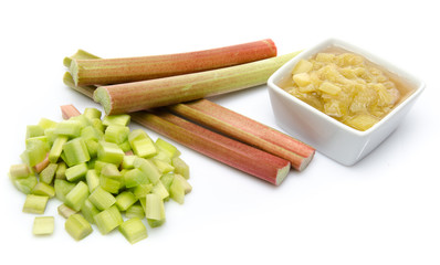 Cup of cooked rhubard with stalks and chopped rhubarb
