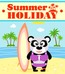 Summer holiday background with panda surfer
