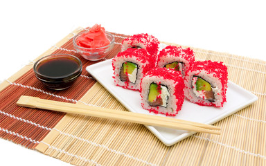 rolls with caviar, soy sauce and pickled ginger