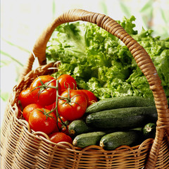 Panier tomates grappes fraîches, courgettes et salade