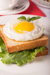 Breakfast: fried egg on the white bread with fresh salad