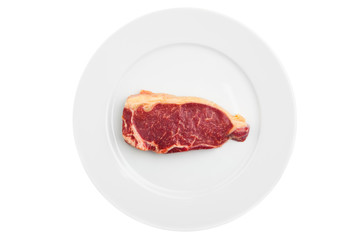 fresh marbled meat on a plate, isolated on white