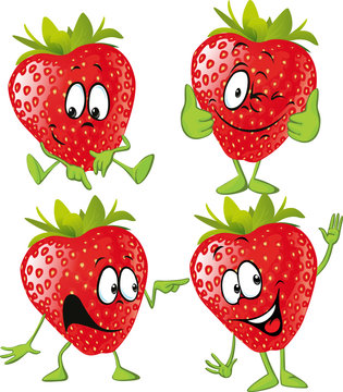 strawberry cartoon with hands isolated on white background