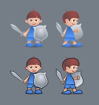 Cartoon young boy as a brave little knight with sword and shield
