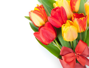 Fresh colorful tulips with ribbon and bow