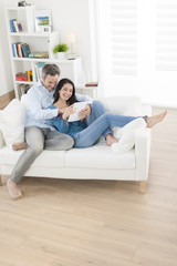 cheerful couple using digital tablet in sofa at home