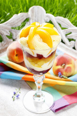 Layer fruit desserts on wooden tray. Summer garden party