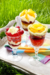 Layer fruit desserts on wooden tray. Summer garden party