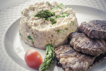 Medallions of pork tenderloin served with asparagus risotto .