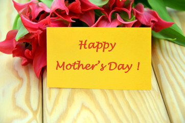 życzenia na dzień matki i piękne czerwone tulipany - obrazy, fototapety, plakaty