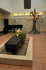 Funeral flowers on a casket