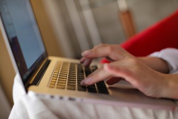 woman using a laptop computer at home