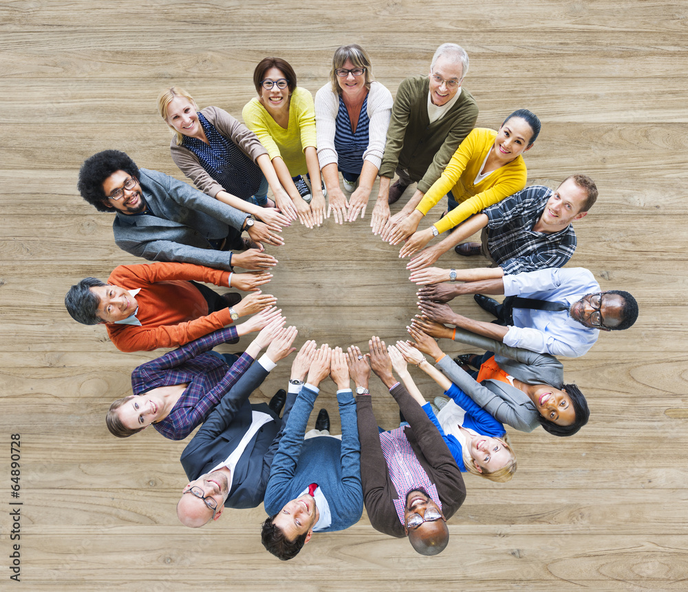 Poster aerial view of multiethnic people forming circle of hands - Posters