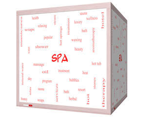 Spa Word Cloud Concept on a 3D cube Whiteboard