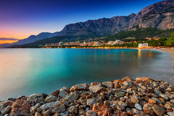 Beautiful Croatian resort at sunset,Makarska,Dalmatia,Europe - obrazy, fototapety, plakaty