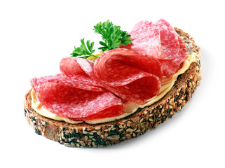 Tasty appetizer of salami on wholewheat bread