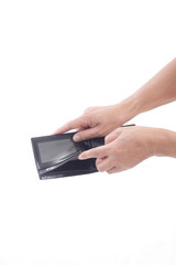 Hand Holding Empty Wallet on white background