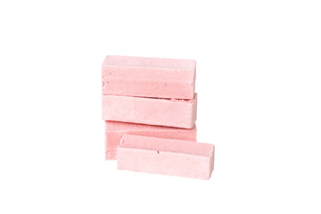 A group of pink marshmallow pieces.