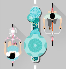 People riding a bicycle on street top view vector