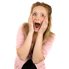 Close up portrait of a beautiful  young surprised woman