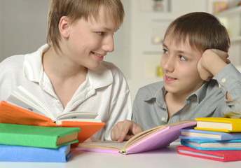 Two brothers doing homework