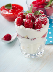 dessert with raspberries and mint leaf