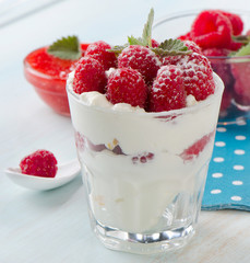 dessert with raspberries and mint leaf