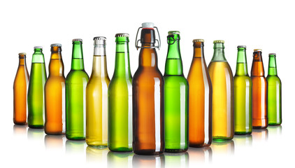 Set of beer bottles without labels isolated on white