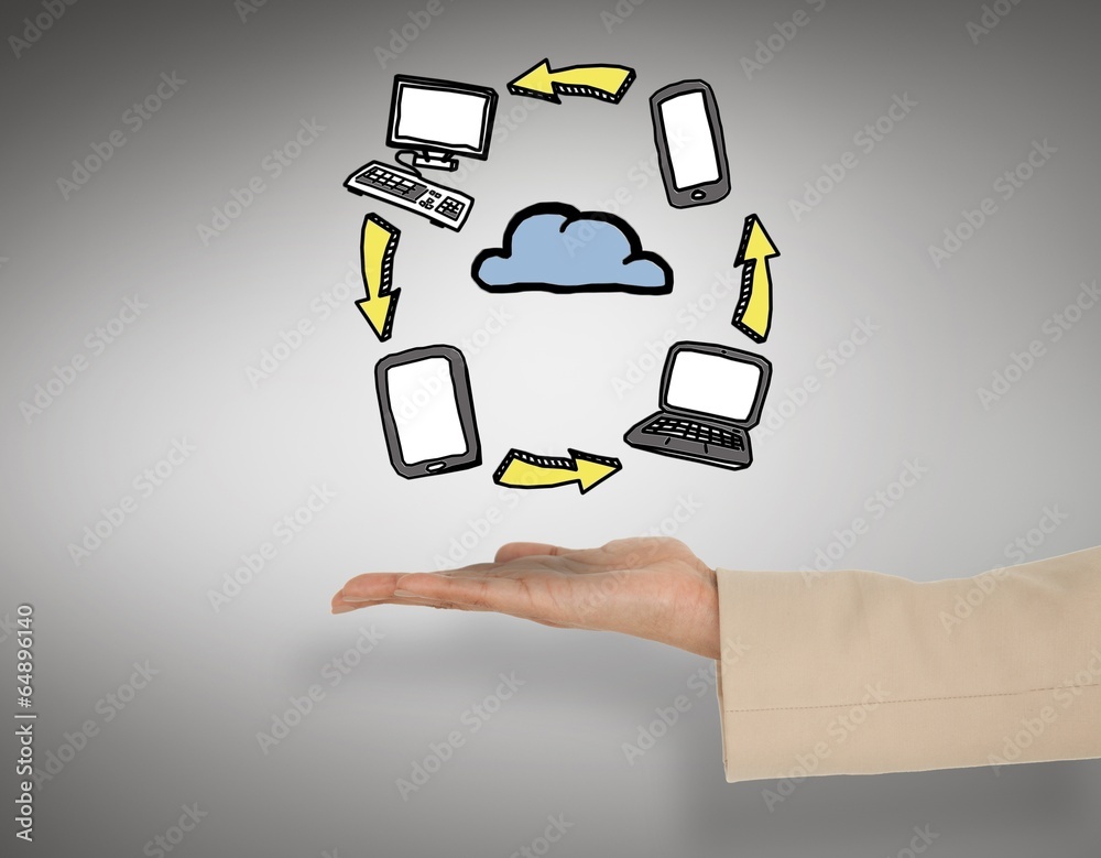 Poster composite image of female hand presenting cloud computing graphi