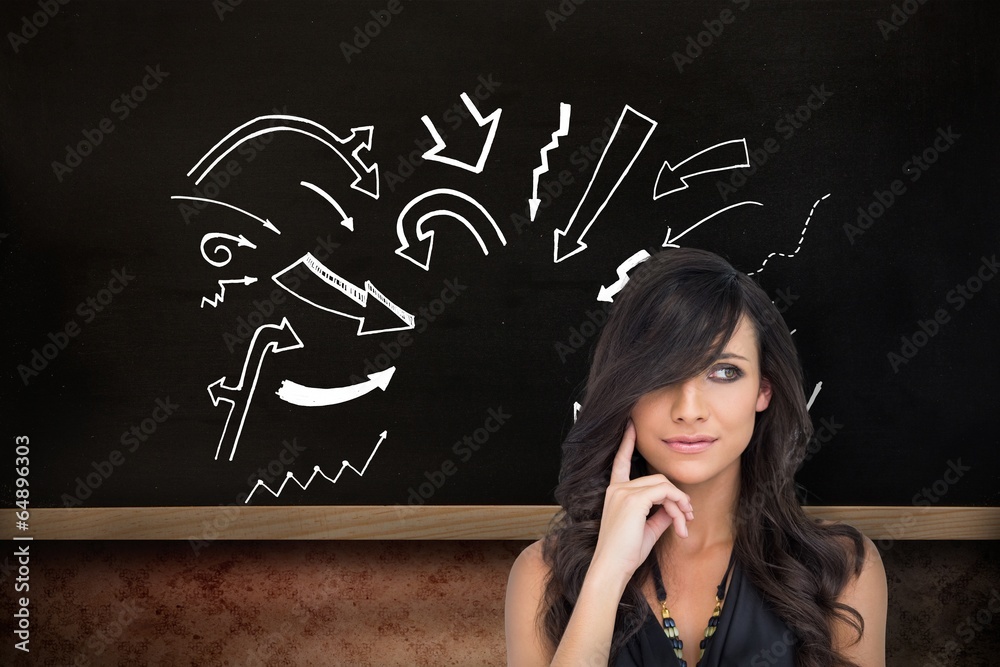 Poster Composite image of pensive elegant brown haired model posing wit