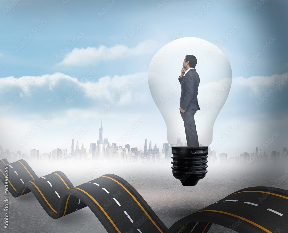 Poster composite image of thinking businessman in light bulb