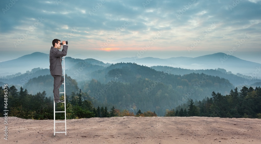 Poster composite image of businessman standing on ladder