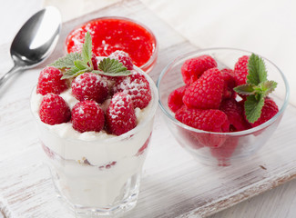 dessert with raspberries and mint leaf
