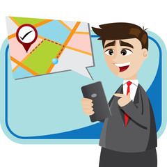 cartoon businessman with map from smartphone