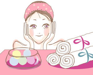 スキンケア中の女性　ピンク