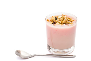 wholegrain muesli on top of strawberry flavor yogurt