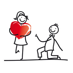 Ich liebe Dich! Mann im Kniefall vor seiner Zukünftigen, Herz - Hochzeit - Heirat - Verlobung - Junges Paar, Heiratsantrag, vektor isoliert, bride to be, Familiengründung