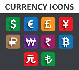 Currency Icons Set with shadow.