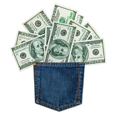 hundred-dollar bills in jeans pocket isolated on white